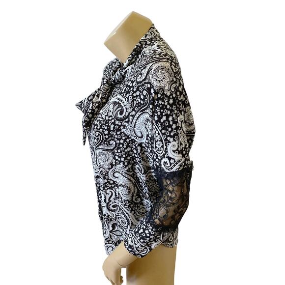 EXPRESS Womens Size XS Paisley Lace Sleeve Tie Neck Button Up Shirt Top - Picture 2 of 8
